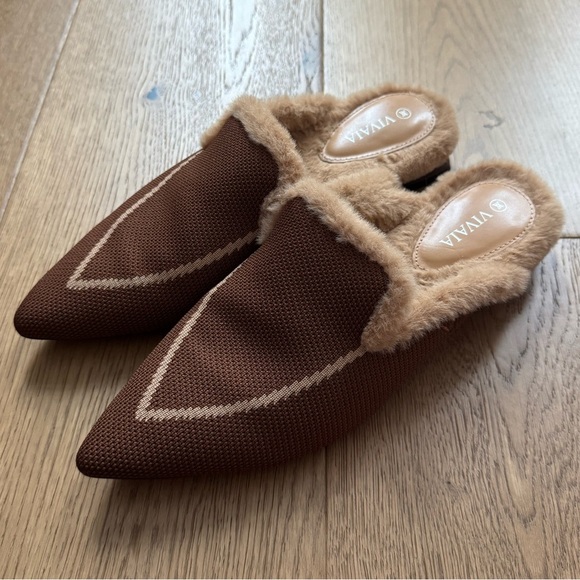 Vivaia Shoes - Vivaia - Tina Pointed-Toe Heeled Fluffy Mules - Size 37 - Brown & Tan - EUC+